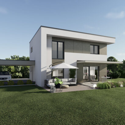 Visualisierung des Austrohaus Typenhauses Graz 114 Design mit modernem Flachdach – stilvolles Ziegelfertighaus mit klarer Architektur.