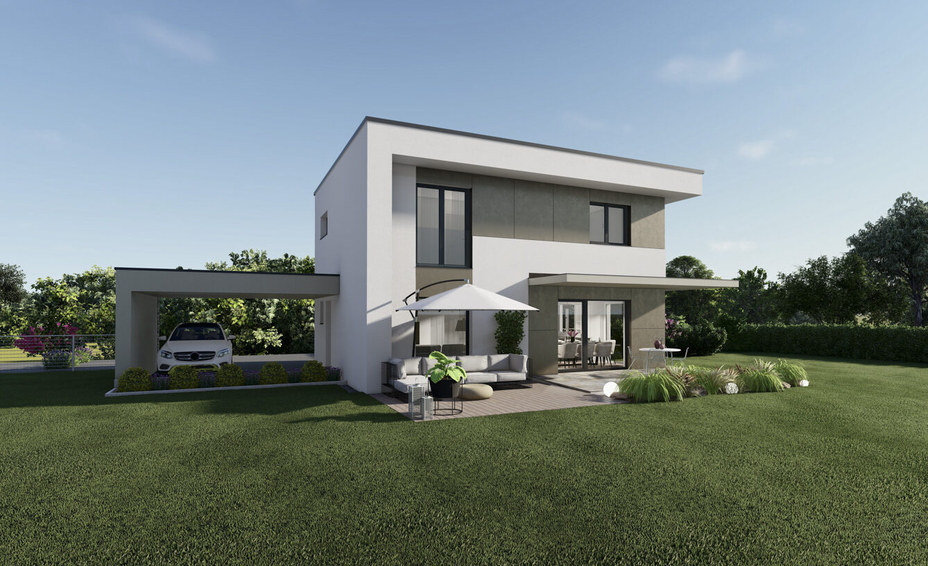 Visualisierung des Austrohaus Typenhauses Graz 114 Design mit modernem Flachdach – stilvolles Ziegelfertighaus mit klarer Architektur.