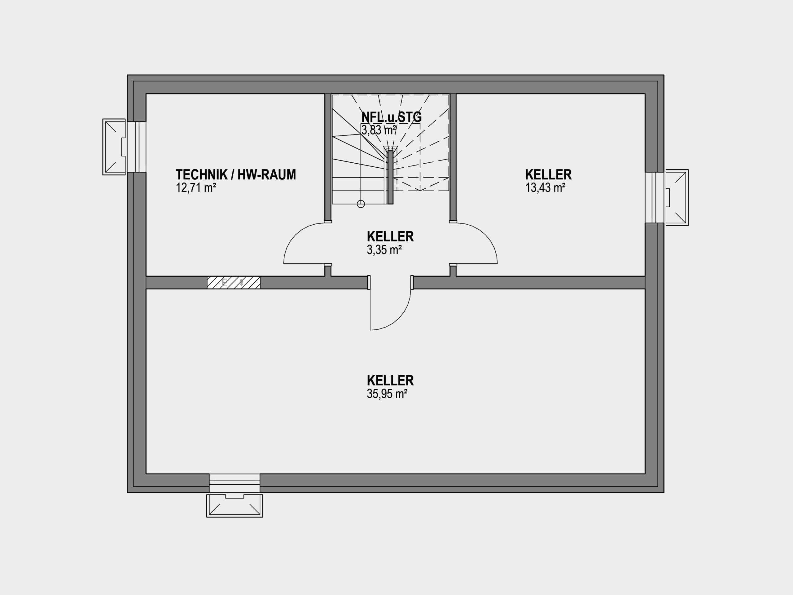 Kellergrundriss mit Technikraum und Kellerräumen