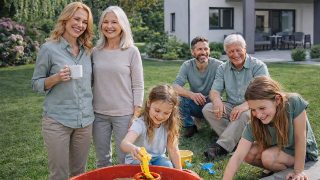 Familie spielt im Garten zusammen.