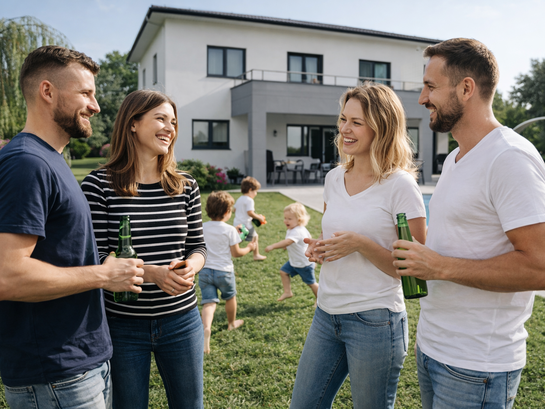 Freunde genießen Zeit im Garten.