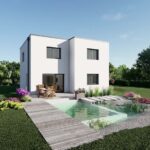 Modernes Haus mit Garten und Teich.